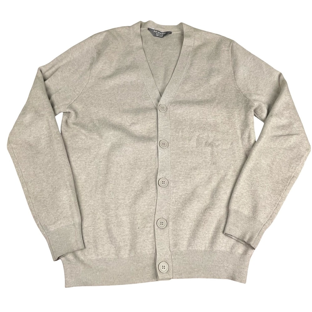 Primark Mens V-Neck Cardigan Sweater Tan Oatmeal Knit Button Front Medium